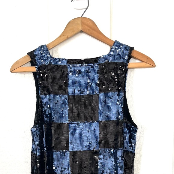 Alice + Olivia Black and Blue Sequin Mini Dress Small Check Checkerboard Pattern - Picture 7 of 12